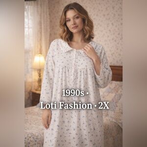 Vintage 1990s Loti Fashion Brushed Cotton Blue Rose Lace Collar Nightgown 2X